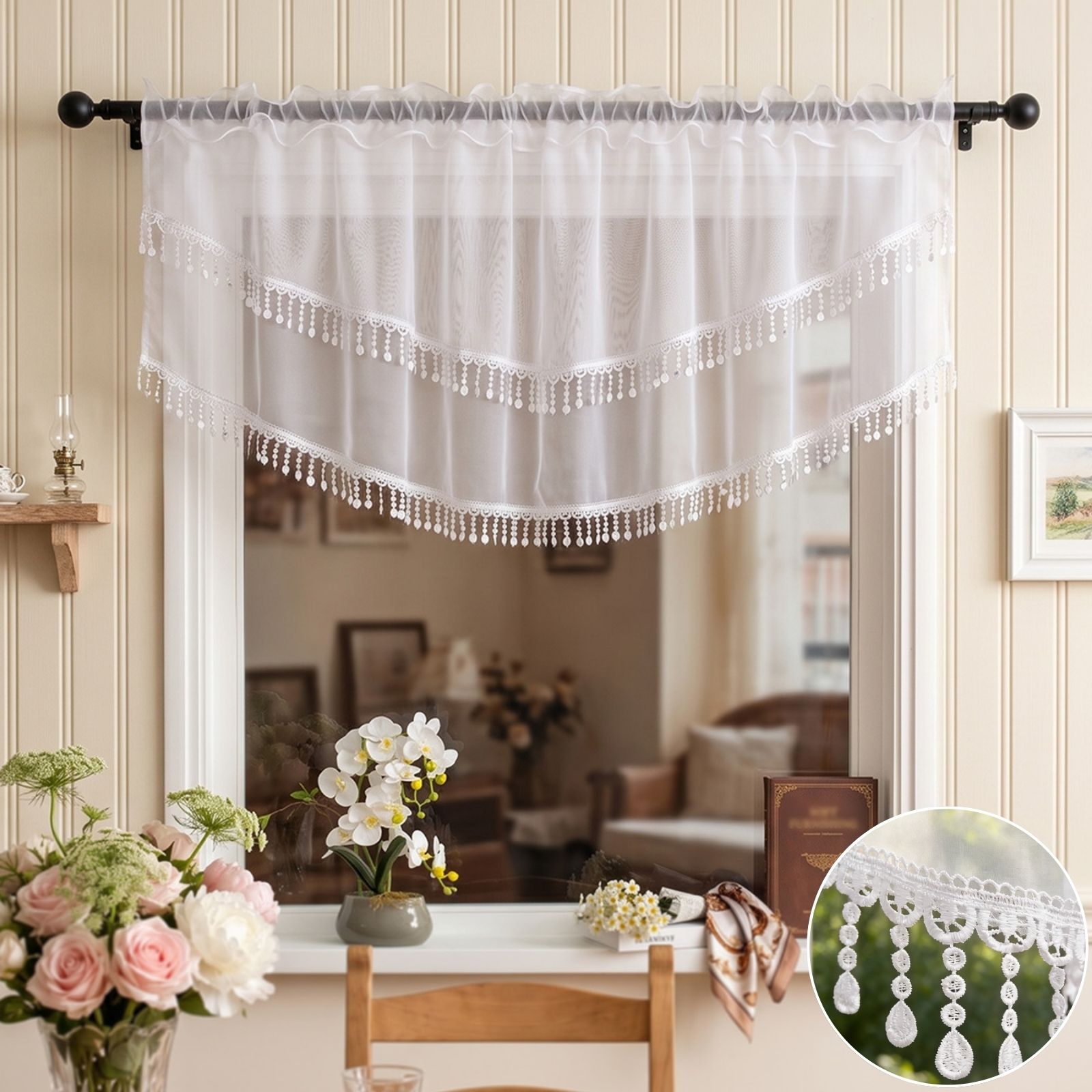 Home Office Kitchen - 2 Pezzi Tende a Balza Bianche